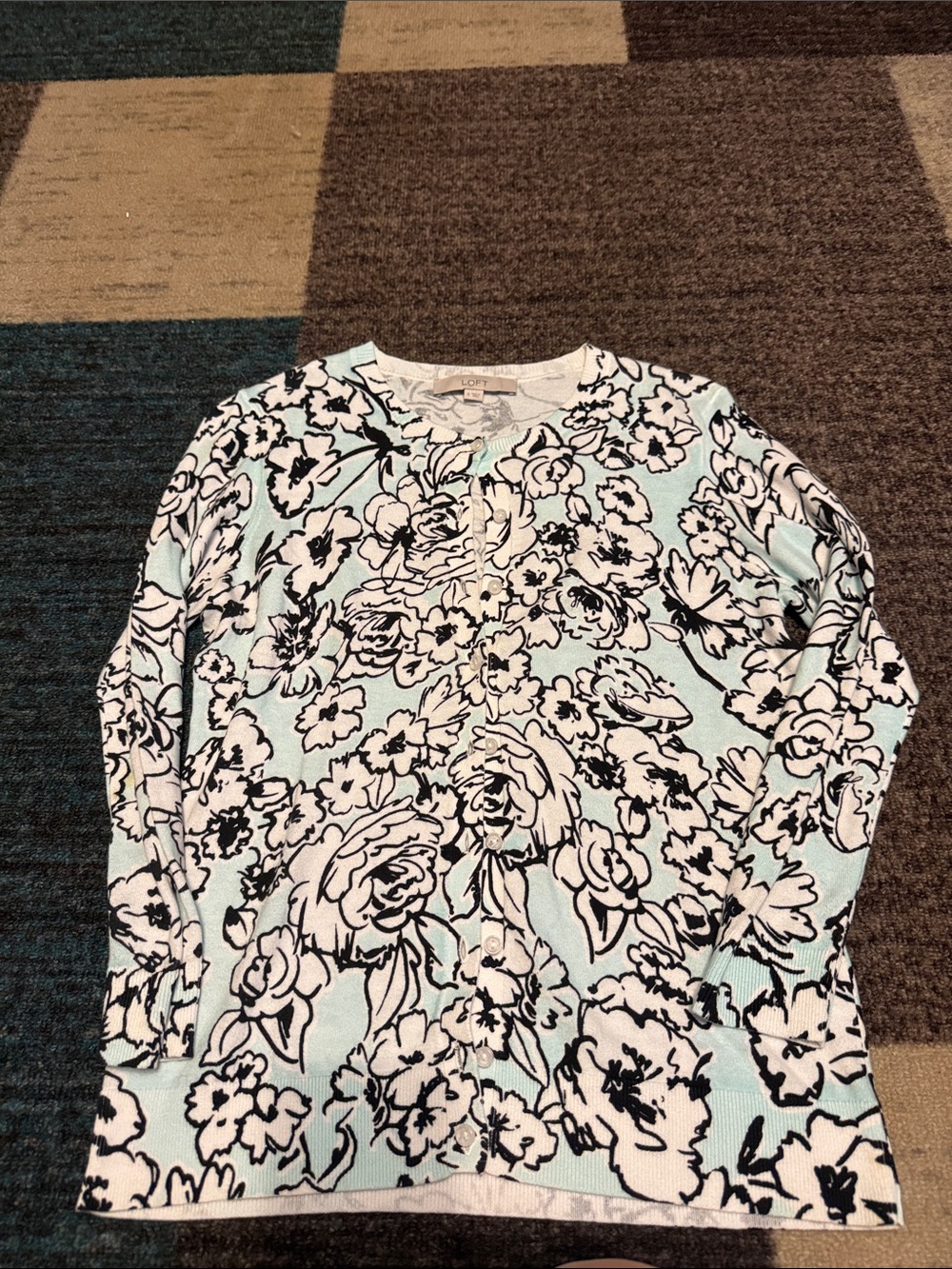 LOFT Floral Cardigan - Mint, White & Black